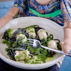 Black Spaghetti with Sausage and Pesto
