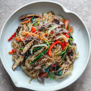 Korean japchae glass noodles with beef and vegetables