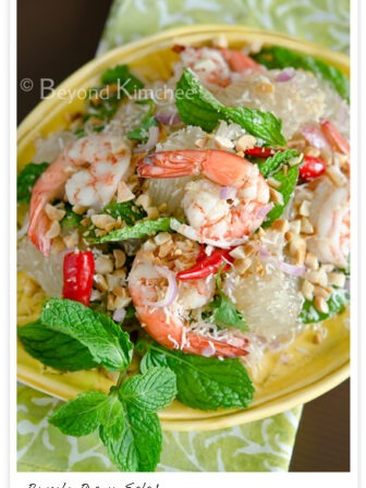 Thai style pomelo salad is made with poached prawns and fish sauce dressing. Adding palm sugar makes the salad more authentic and delicious.