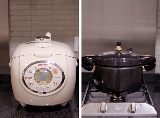 Electric pressure rice cooker and stovetop pressure cooker to make japgokbap, Korean multigrain rice.