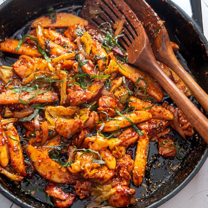 Dakgalbi (spicy Korean chicken stir-fry) in a pan.