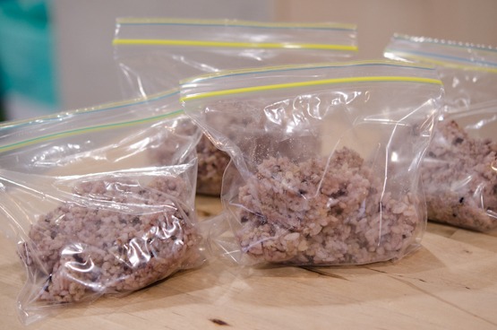 Individual portion of multigrain rice is in zip bags for freezing.