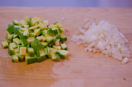 Chop your zucchini and onion small