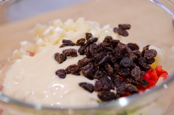 Raisins add a sweetness to Korean potato salad.