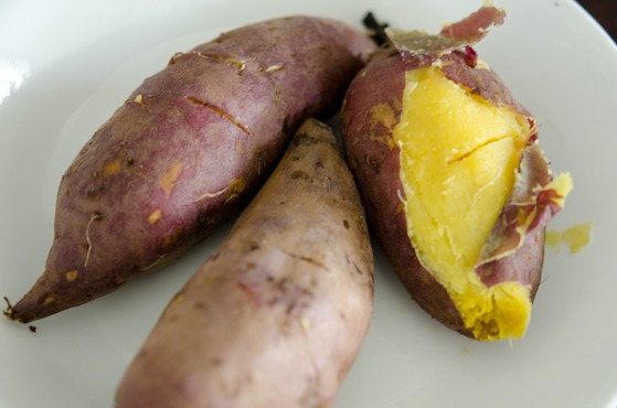 Sweet potatoes are cooked and peeled