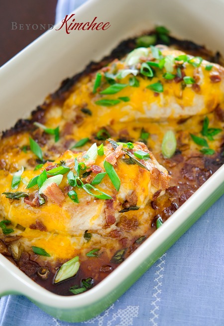 Chicken breast are baked with teriyaki sauce, ranch dressing, cheddar cheese.