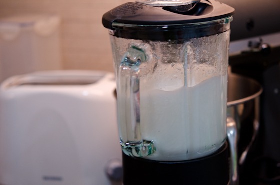 Rice and water is pureed in a blender.