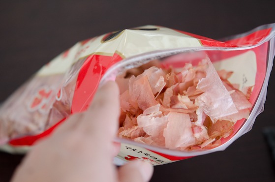 A bag of bonito flakes are opened.