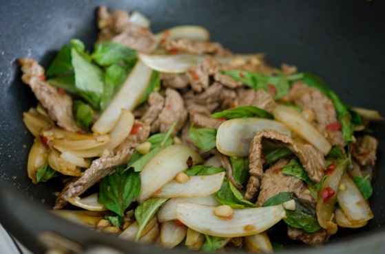 Thai beef and basil stir-fry is ready to serve.