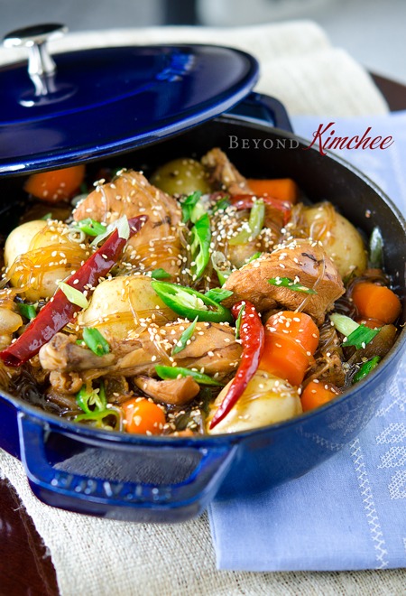 Korean chicken is braised in cola drink with potato, carrot, and korean noodles.