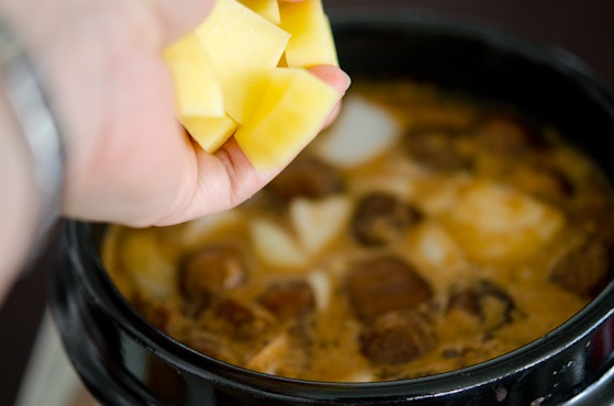 A handful of potato is added to the doenjang stock in a stone pot.