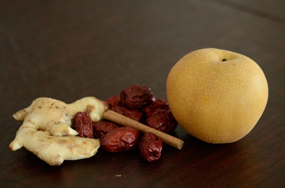 Ginger, dried jujube, cinnamon stick, and Korean pear is key ingredients for a Korean drink.