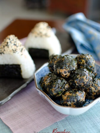 Kimchi tuna onigiri and kimchi seaweed rice balls made with leftover rice, and canned tuna.