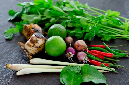 Ingredients to make Tom Yum Goong, Thai hot and sour soup.