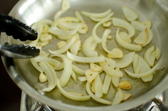 Cook onion and garlic in olive oil until soft.