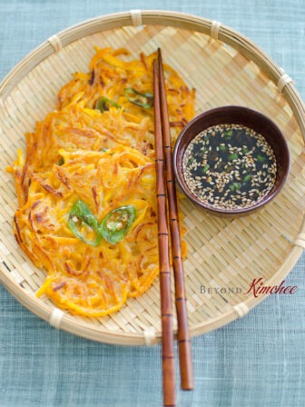 Korean Pumpkin Pancakes are served with a soy dipping sauce