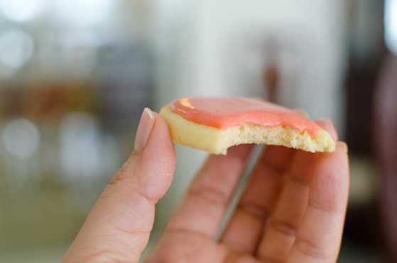 Soft sugar cookies with fresh strawberry icing is so delicious.
