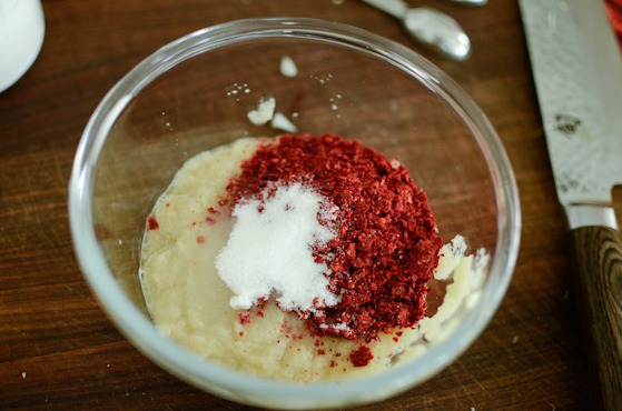 Korean chili flakes and sugar are added to onion and garlic puree.