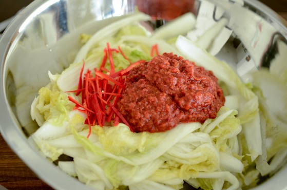 Combine cabbage and kimchi filling in a large bowl.