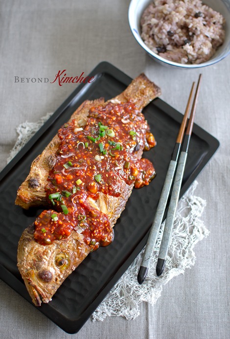 Red Snapper is broiled and top with Korean Chili Sauce