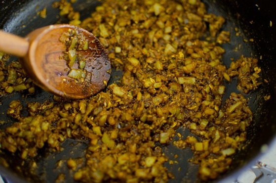 Add the spices and cook together until they become fragrant.