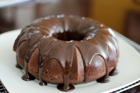 Chocolate Sour Cream Bundt Cake glazed with ganache.