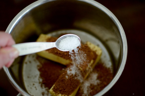 Combine butter, cocoa, and add salt in a pan.