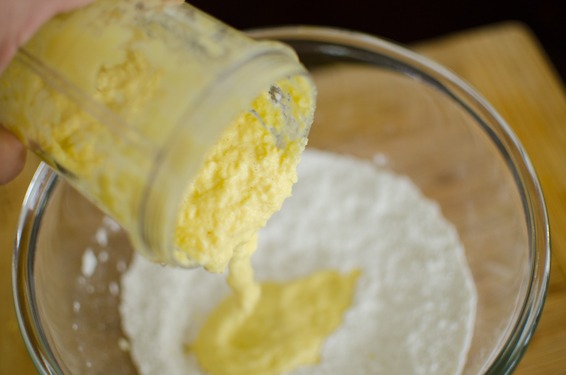 Pureed corn kernel is added to a flour mixture