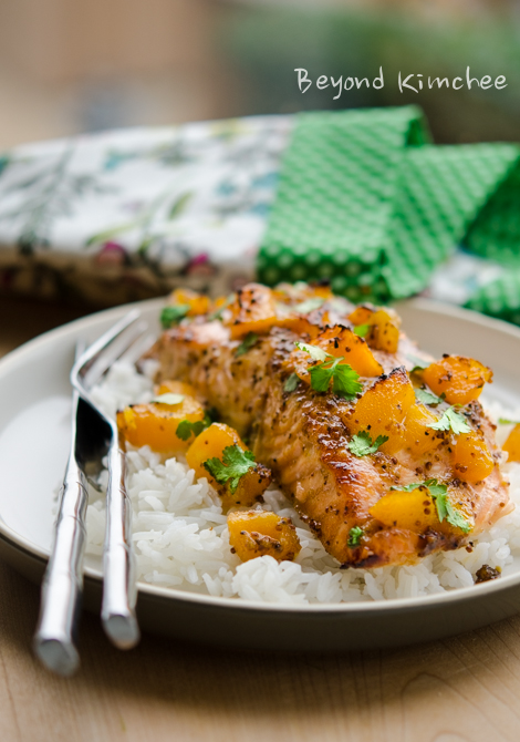 Salmon fillet baked with canned peach glaze.