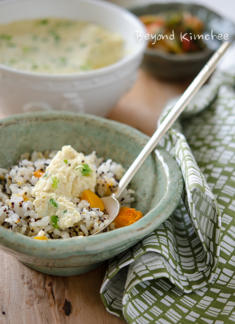Tofu and Egg Pudding made with silken tofu is served with quinoa pumpkin rice.