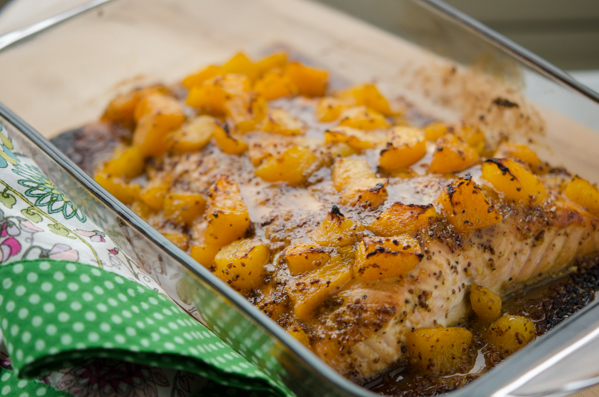 Glazed salmon with peaches