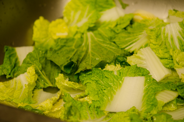 Diced cabbage leaves are scattered in a bowl.