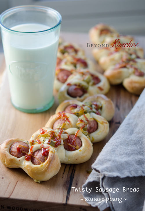 Korean sausage bread is a baked hotdog in fresh bread with toppings