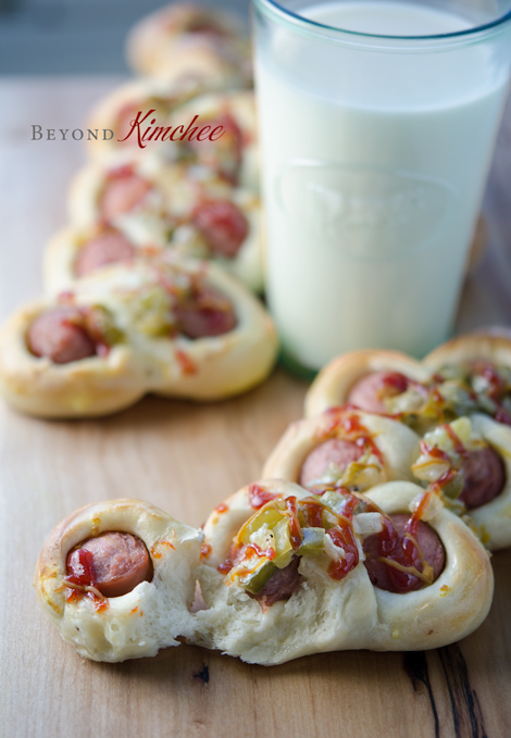 Korean sausage bread uses hotdog and baked in bread with toppings.