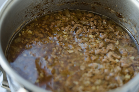 Ground beef sauce is ready in a pot