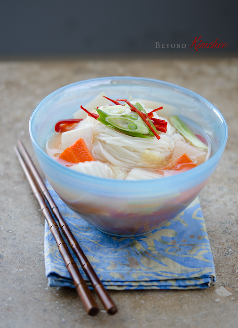 Simple vermicelli noodles are made with Korean water kimchi (nabak kimchi).