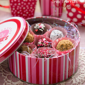Oreo cream cheese truffles are presented in a pink Valentine's day gift box