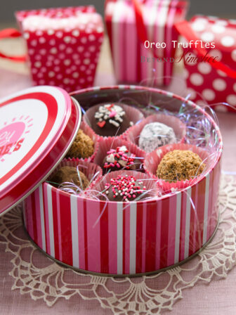 Oreo cream cheese truffles are presented in a pink Valentine's day gift box