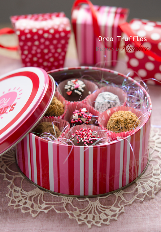 Oreo cream cheese truffles are presented in a pink Valentine's day gift box