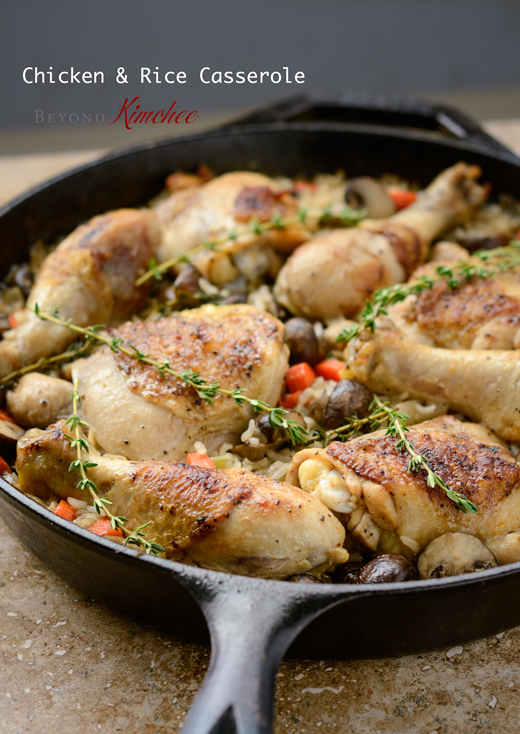 chicken and rice casserole is prepared in an iron skillet