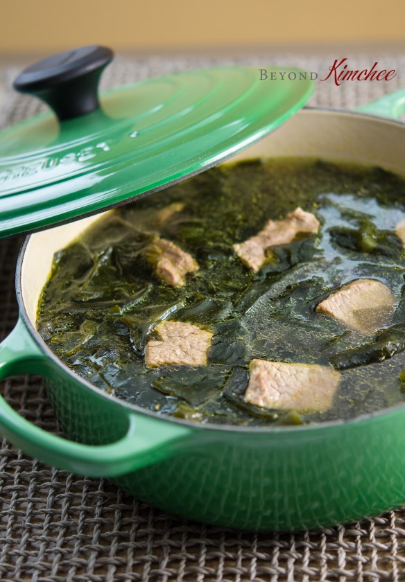 Korean Beef Seaweed Soup is simmered in a pot.