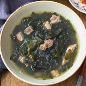 Korean seaweed soup with beef (miyeokguk) in a bowl