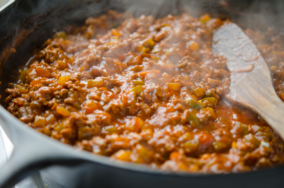 Korean gochujang sloppy Joes are simmered and ready to serve.