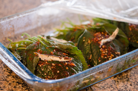 Steamed Perilla Leaves are finished cooking in a microwave.
