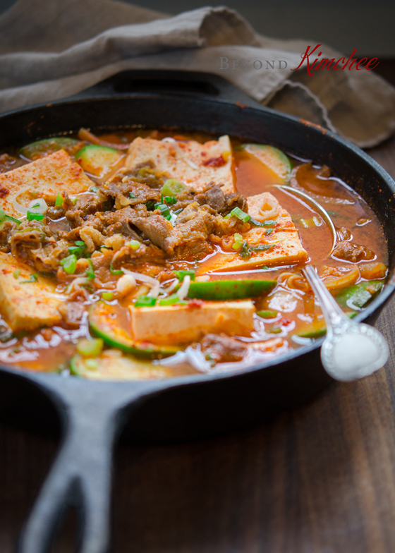 Beef Tofu Stew is cooked in a skillet.