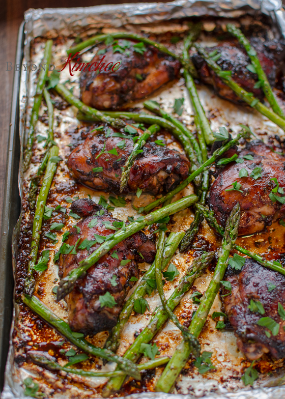 Soy Balsamic Chicken is baked with asparagus in one pan