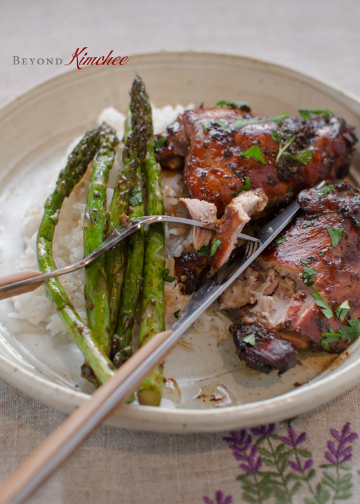 Soy Balsamic Glazed chicken served with rice.