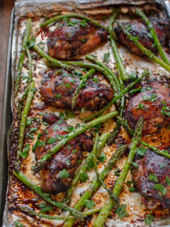 Soy Balsamic Chicken is baked with asparagus in one pan