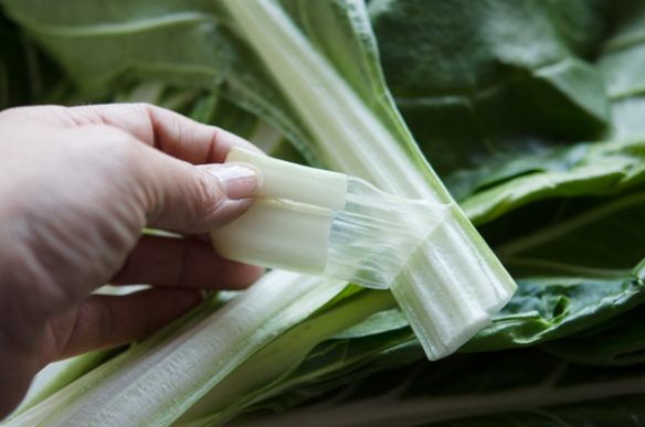 Peel off the fibrous part from the Swiss chard stem.