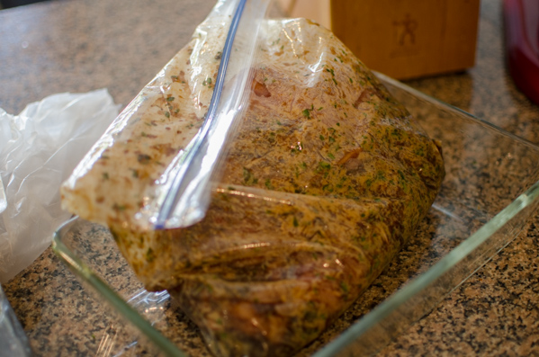 Chicken thighs marinading in the balsamic vinegar and soy sauce mixture.